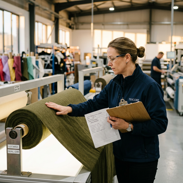 Quality inspector examining textile fabric